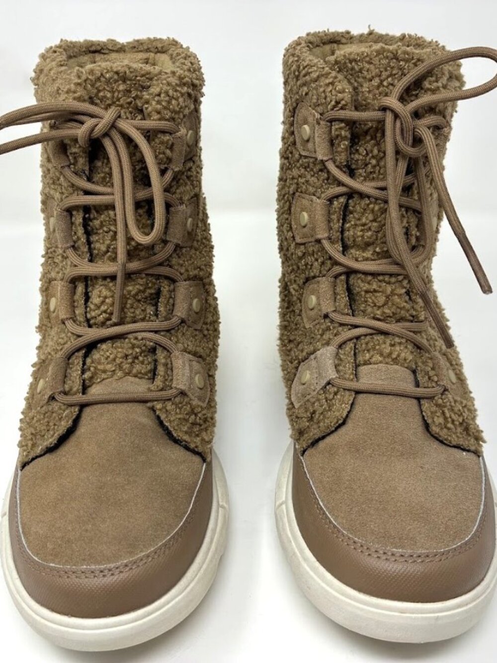 SOREL Explorer Joan Cozy Boots Womens Size 8 Brown Faux Shearling Suede Lace Up
